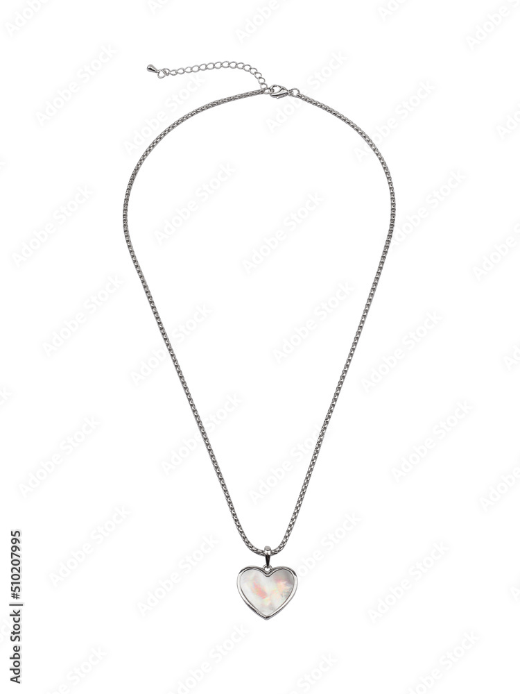 Female heart shaped pendant with silver chain necklace isolated on white Female heart shaped pendant with silver chain necklace isolated on white