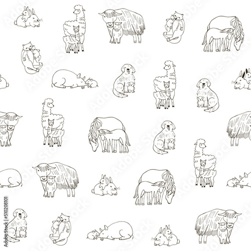 Farm animals with babies vector seamless pattern