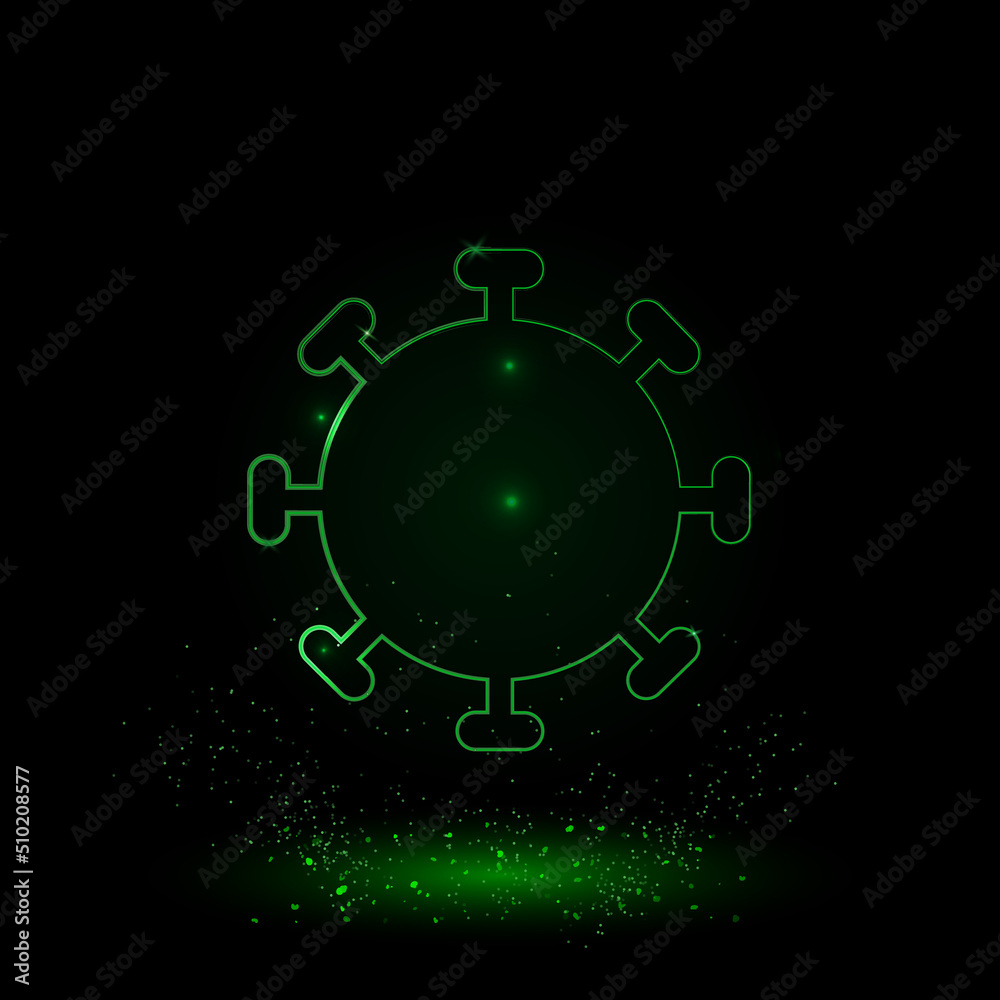 A large green outline coronavirus symbol on the center. Green Neon style. Neon color with shiny stars. Vector illustration on black background