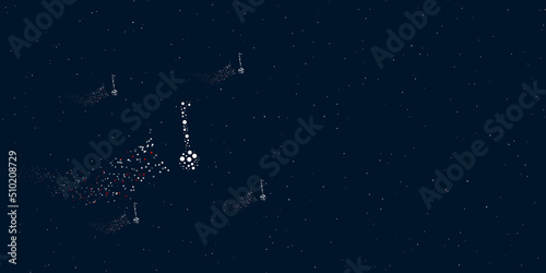 A gyroscooter filled with dots flies through the stars leaving a trail behind. Four small symbols around. Empty space for text on the right. Vector illustration on dark blue background with stars