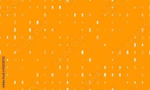 Seamless background pattern of evenly spaced white pants symbols of different sizes and opacity. Vector illustration on orange background with stars