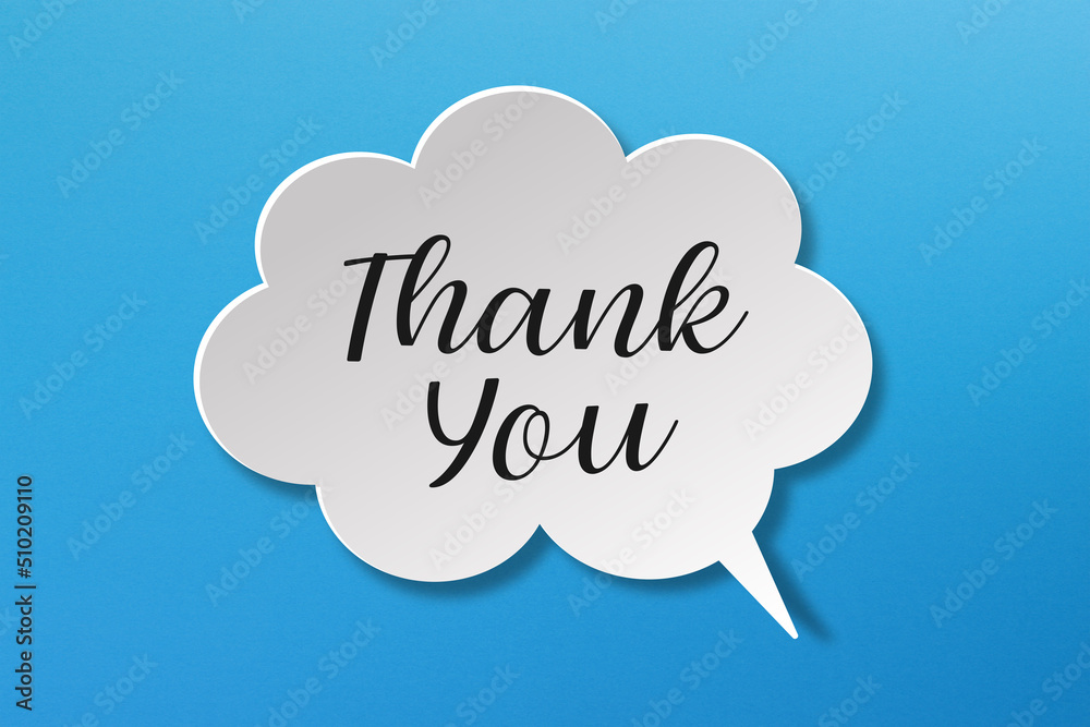 Thank you message with speech bubble on blue background Thank you message with speech bubble on blue background