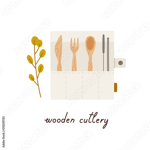 Zero waste reusable wooden cutlery with eucalyptus branch. Hand-drawn reusable kitchen supplies with hand lettering. Ecological lifestyle colored flat vector illustration. 