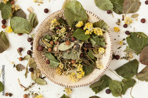herbal tea, dried medicinal herbs on a white background, herbal medicine