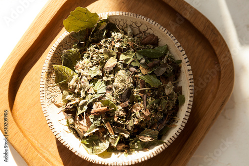 Fotografie herbal tea, dried medicinal herbs on a white background, herbal medicine