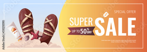 Summer banner with sunscreen, sandals and seashells. Beach Holidays, Summer vacation,summer sale concept. Vector Illustration. Banner, advertising, flyer.