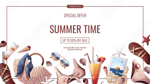 Summer banner for beach Holidays, Summer vacation, Leisure, Recreation concept. Vector Illustrations. Banner, flyer, poster, advertising.