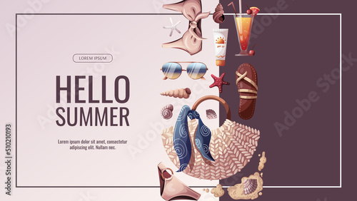 Summer banner for beach Holidays, Summer vacation, Leisure, Recreation concept. Vector Illustrations. Banner, flyer, poster, advertising.