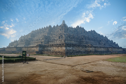 Front view of Borobudur Anicent Buddhist Temple of Yogyakarta, Java Island, Indonesia. Oldest Buddhist temple in the morning. World Heritage, UNESCO.