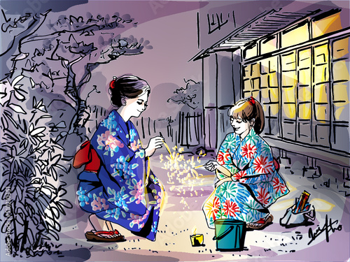 縁側で花火を楽しむ女性たち