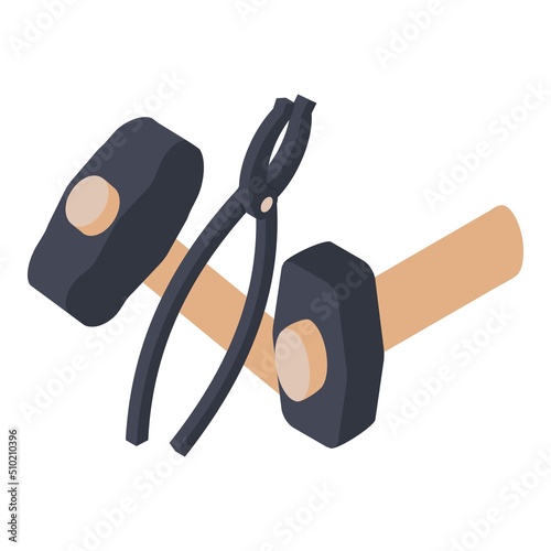 Blacksmith equipment icon isometric vector. Two hammer and blacksmith tongs icon. Professional equipment, blacksmithing