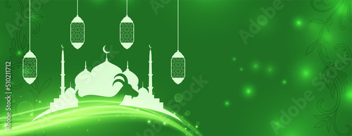 muslim islamic mosque banner with lantern in glowish green background