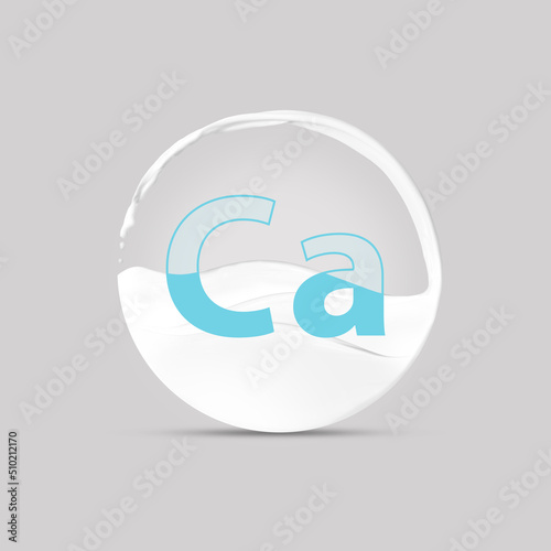 Sphere made of splashing milk and symbol Ca on light grey background. Source of calcium