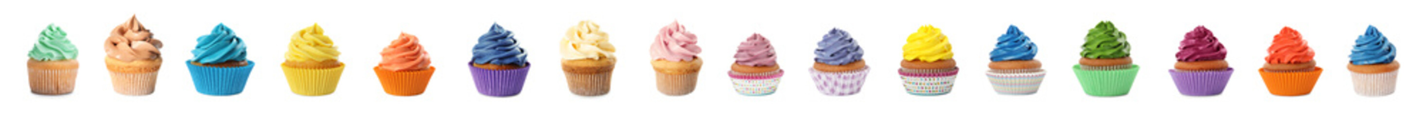 Set of colorful birthday cupcakes on white background. Banner design