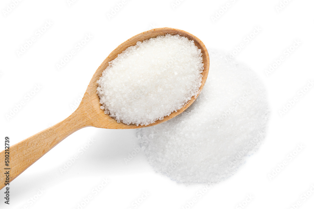 Wooden spoon and granulated sugar isolated on white, top view Wooden spoon and granulated sugar isolated on white, top view