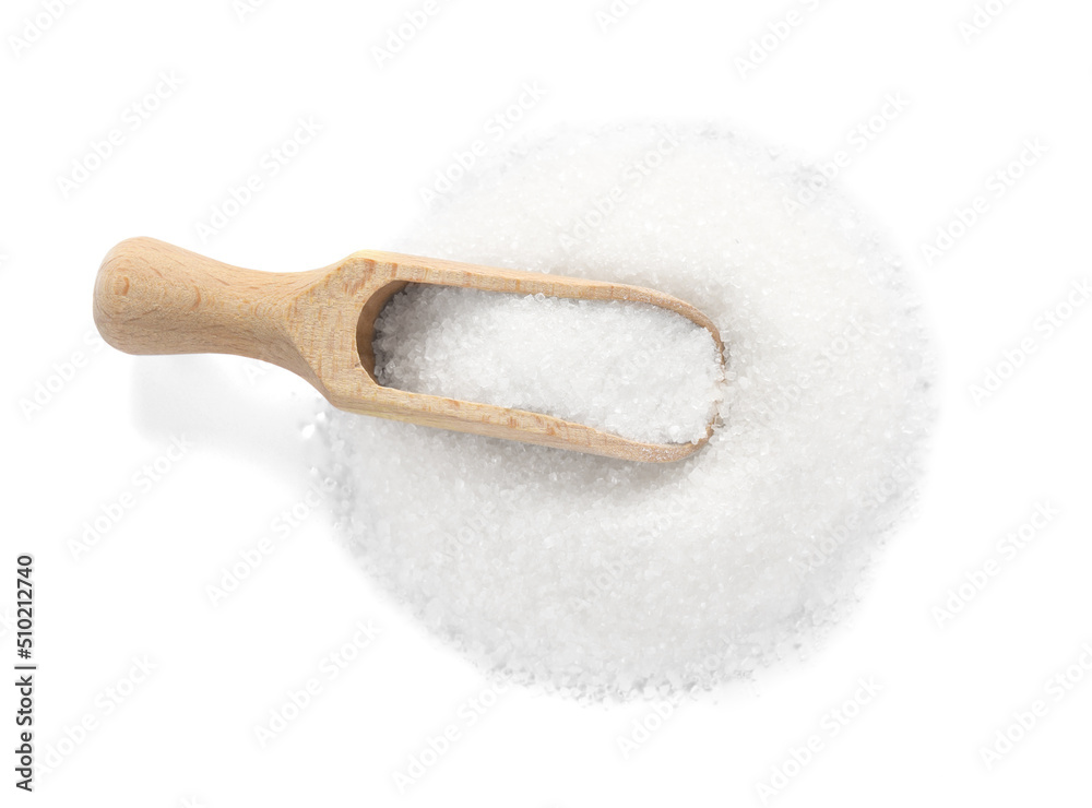 Wooden scoop and granulated sugar isolated on white, top view Wooden scoop and granulated sugar isolated on white, top view