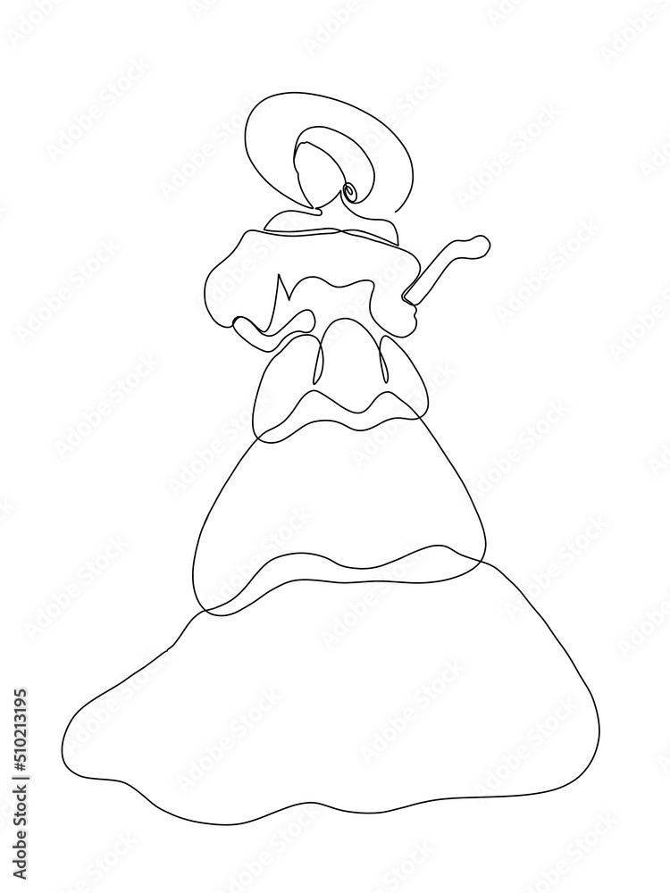 The portrait of an elegant women in dress is drawn in one line art style. Printable art.