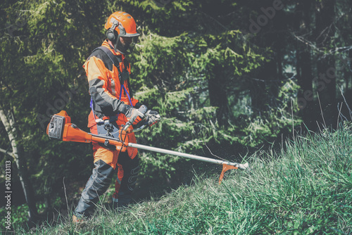 Man holding a brushcutter cut grass and brush. Lumberjack at work wears orange personal protective equipment. Gardener working outdoor in the forest. Security, occupation, forestry, worker, concept