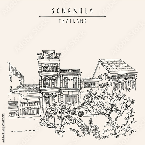 Vector Songkhla, Thailand postcard. Old town houses street view. Historical buildings in Songkhla province in the South Thailand. Travel sketch. Hand drawn vintage poster photo