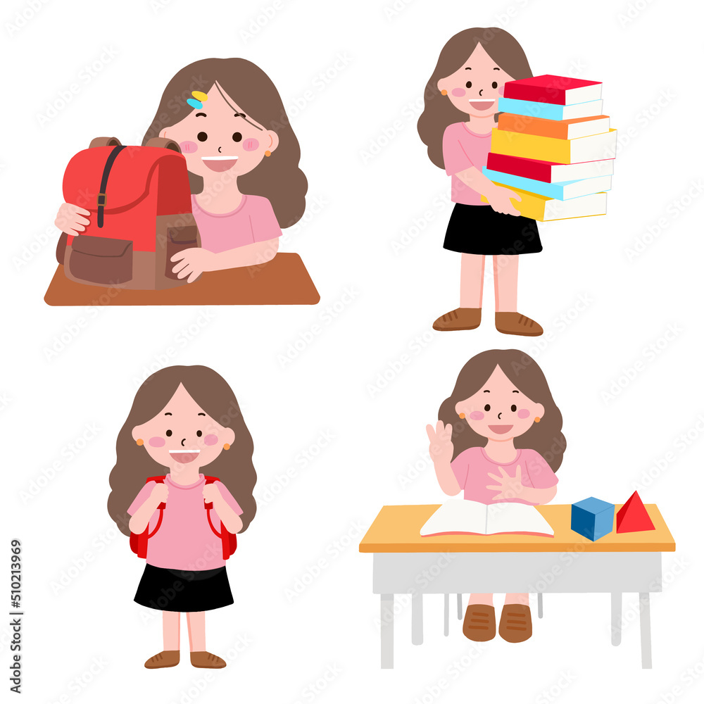 Young school girl set, kid and child study and activities at school