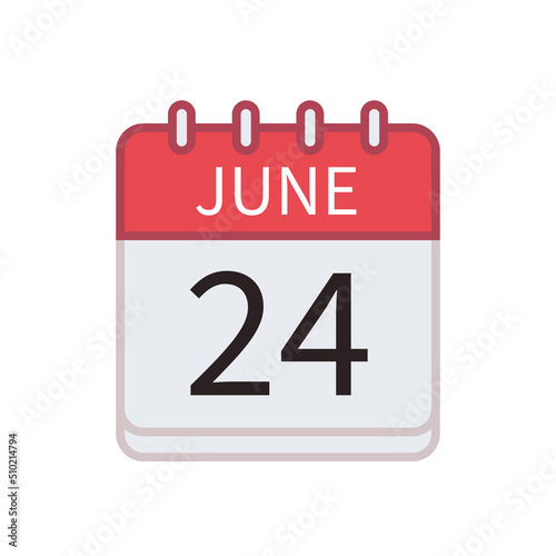 Calendar icon of 24 June. Date and month. Flat vector illustration..