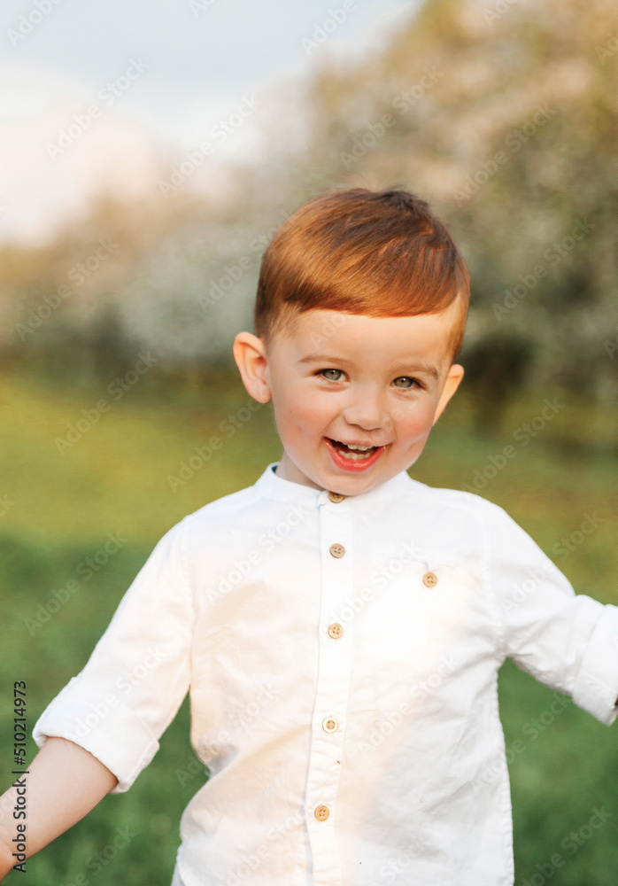 Happy little boy walking in spring garden. Happy little boy walking in spring garden.