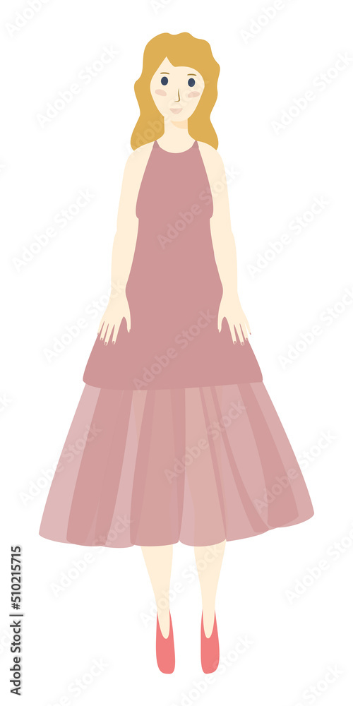 Girl in pink evening gown Full height portrait Front view Vector illustration Isolated on white background Girl in pink evening gown Full height portrait Front view Vector illustration Isolated on white background