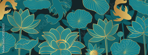 Vector background with lotus flowers in line-art style on a dark background. Vector poster.