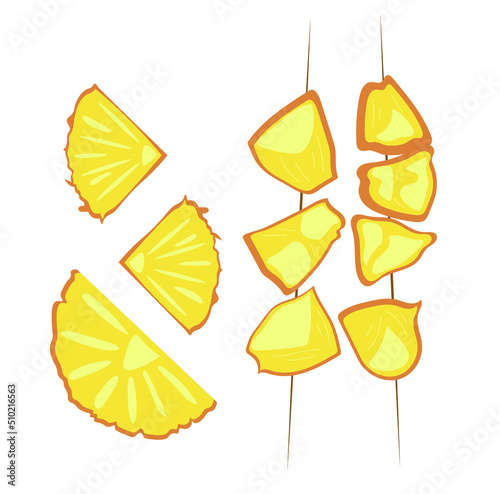 Pineapple skewers and slices on white background