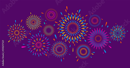 Fireworks vector pattern background. Bright color firework on dark sky
