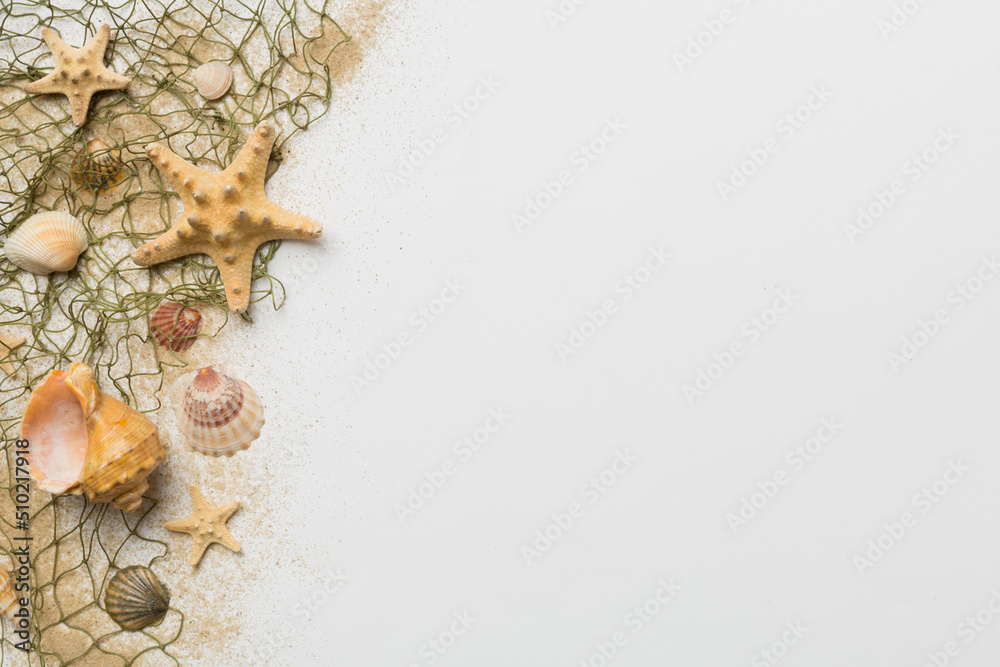 Obraz premium Summer time concept Flat lay composition with beautiful starfish and sea shells on colored table, top view with copy space for text