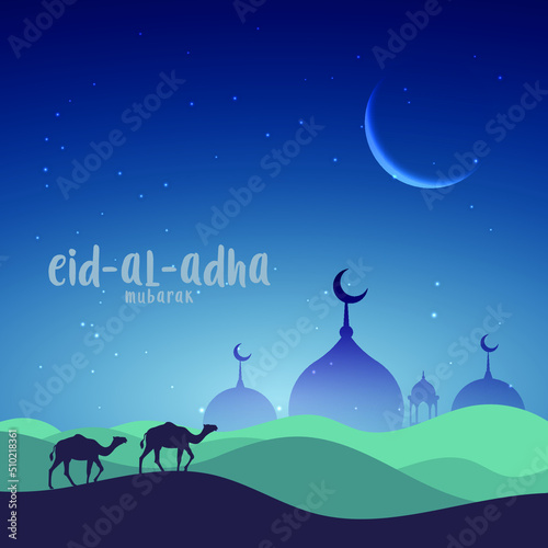 Eid al adha night scene with camel and mosque 02