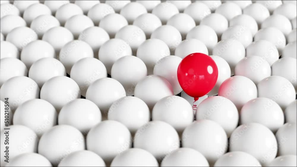 Closeup Red Balloon Floating on among White balloons Creative Idea. 3D animation. Selective Focus.