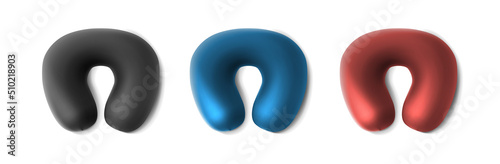 3d realistic vector icon set. Travel pillows of neck in front view in gray, blue and red color.
