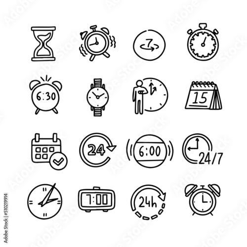 Vector set of time clock icons. Outline doodle drawing style