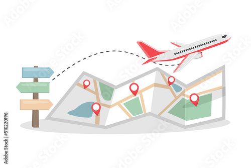 airplane fly on map with pin white background. travel and tourism world concept. road trip. route planning on holiday. journey vacation with location point. vector illustration in flat style.