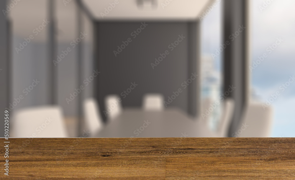 Modern office building interior. 3D rendering.. Background with empty wooden table. Flooring. Modern office building interior. 3D rendering.. Background with empty wooden table. Flooring.