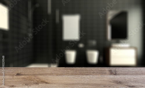 Bathroom interior bathtub. 3D rendering.. Mockup.   Empty painti. Background with empty wooden table. Flooring.