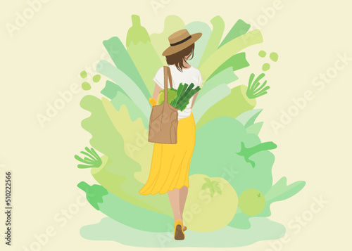 Young vegetarian girl with a bag of vegetables is shopping. Concept of vegetarianism, healthy eating and wellness