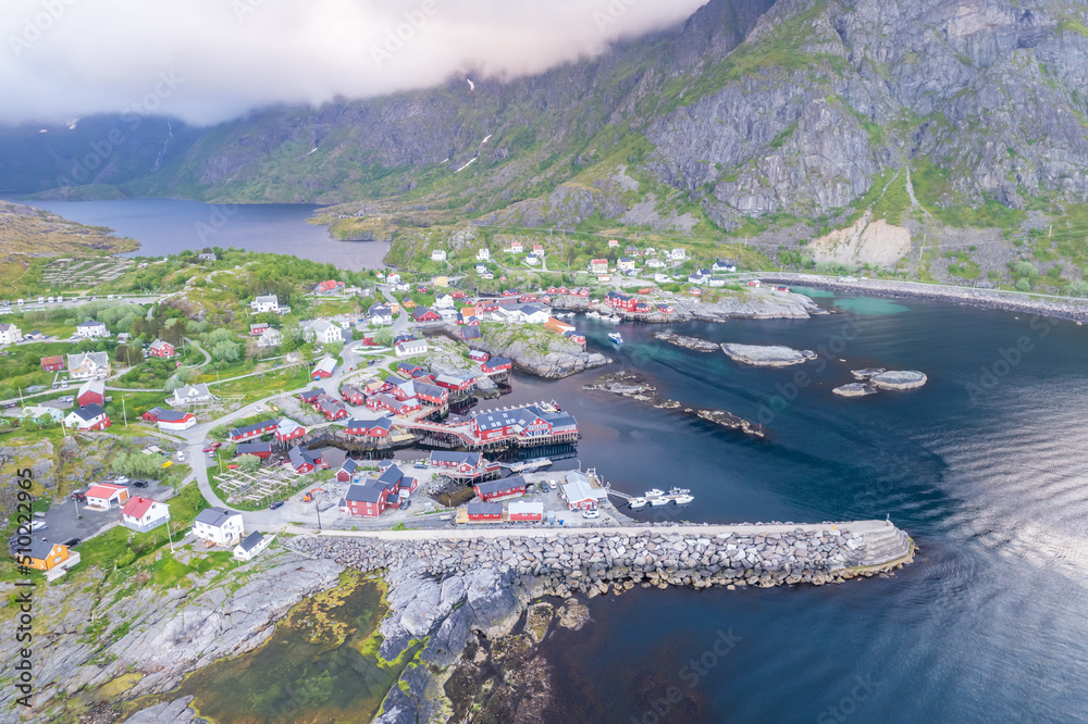 Aerial view of village at the end of Lofoten islands in Norway