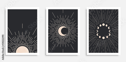 Abstract wall art poster set in mid century modern style with boho sun,moon and moon phases. Design for home interior, print, etc.