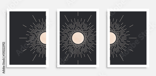 Abstract wall art poster set in mid century modern style with boho sun,moon and moon phases. Design for home interior, print, etc.