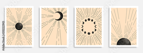 Abstract wall art poster set in mid century modern style with boho sun,moon and moon phases. Design for home interior, print, etc.