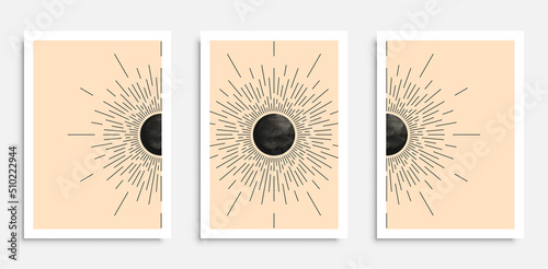 Abstract wall art poster set in mid century modern style with boho sun,moon and moon phases. Design for home interior, print, etc.