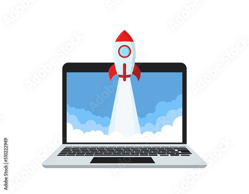 Spaceship or rocket flying out of laptop screen. FLat illustration. Vector EPS 10