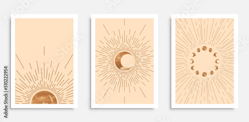 Abstract wall art poster set in mid century modern style with boho sun moon and moon phases. Design for home interior  print  etc.