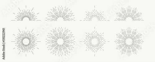 Light ray, sunburst set. Linear drawing in vintage style. Vector EPS 10
