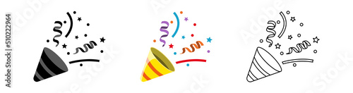 Set of confetti party popper symbols. Black, colorful and linear. Vector EPS 10