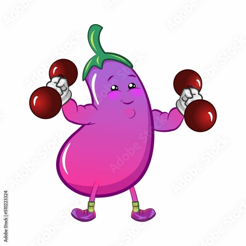 vector mascot character from eggplant cartoon train with heavy barbell