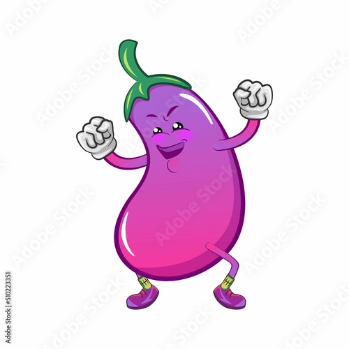 vector mascot character from eggplant cartoon being healty and happy